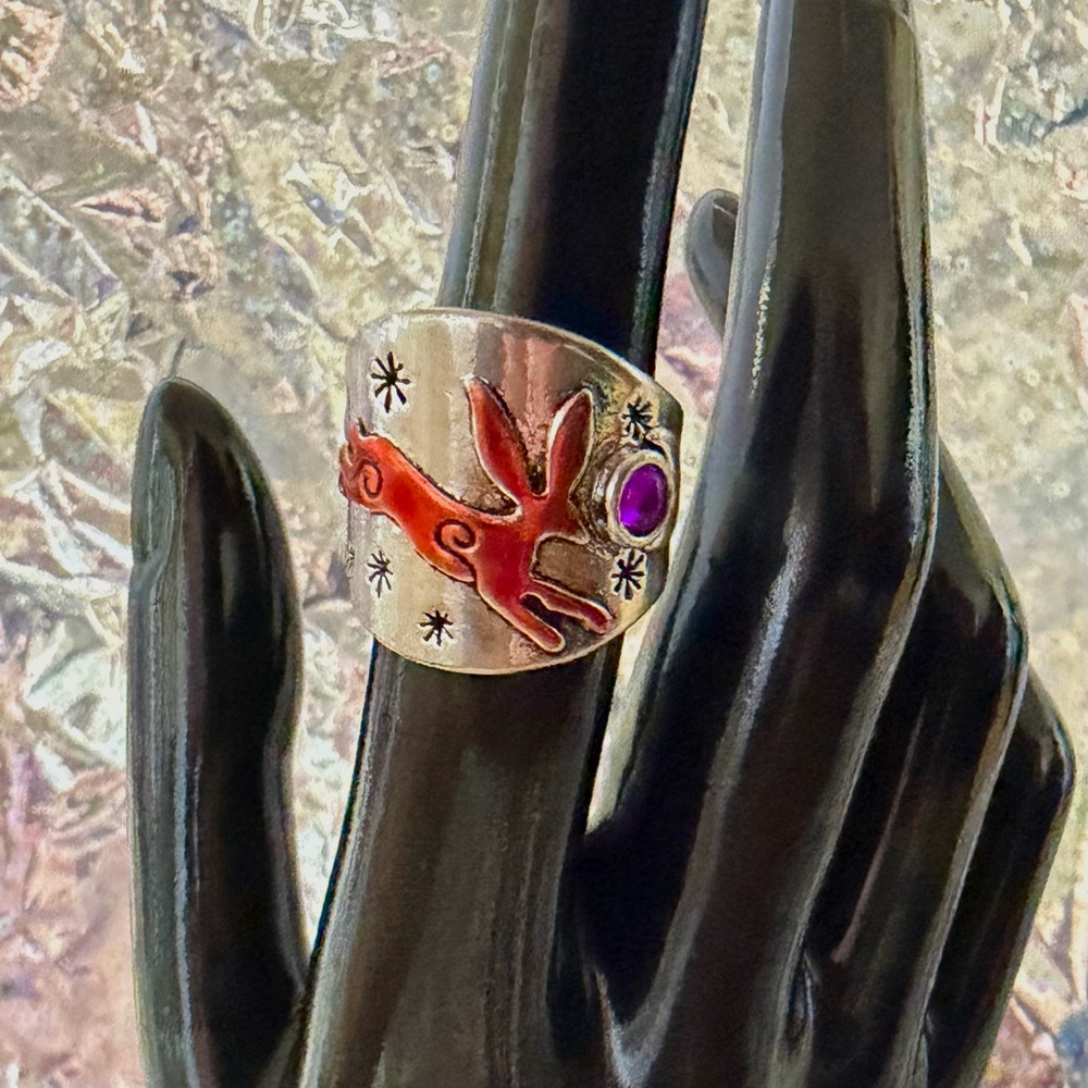 Whimsical Silver Moon & Copper Hare Ring 🌙🐇 Very popular bunny rabbit ring - Picture 6 of 9